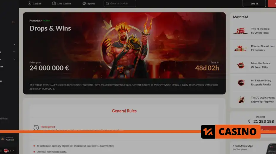 Prize table of the Drops & Wins promotion at 1Go casino Prize table of the Drops & Wins promotion at 1Go casino