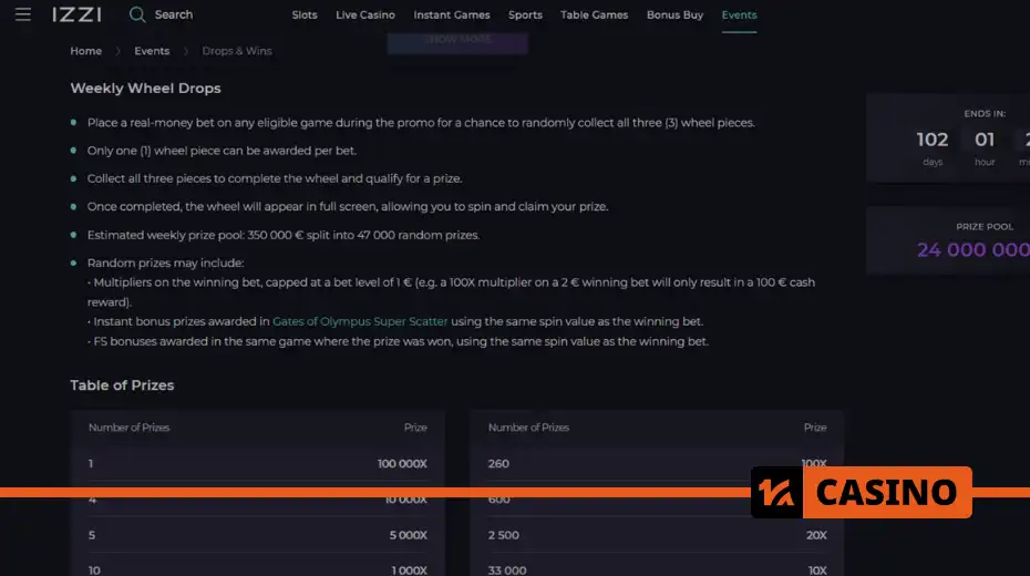 Drops and Wins в Izzi casino бонусы: денежные призы и фриспины