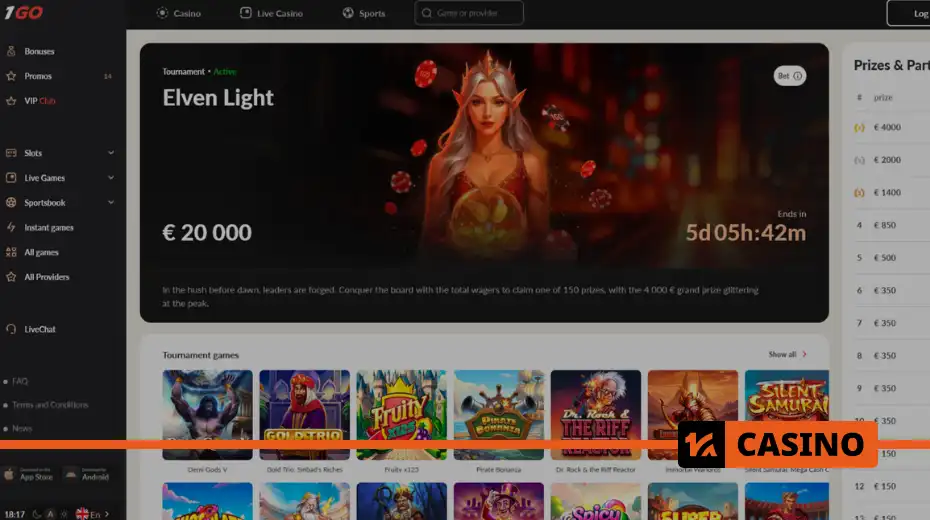 Elven Light at 1Go casino participation rules and leaderboard