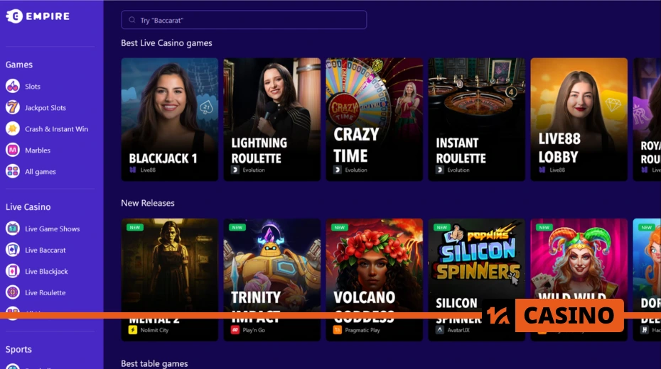 Empire official website with intuitive navigation, game showcase, and access to bonuses and tournaments