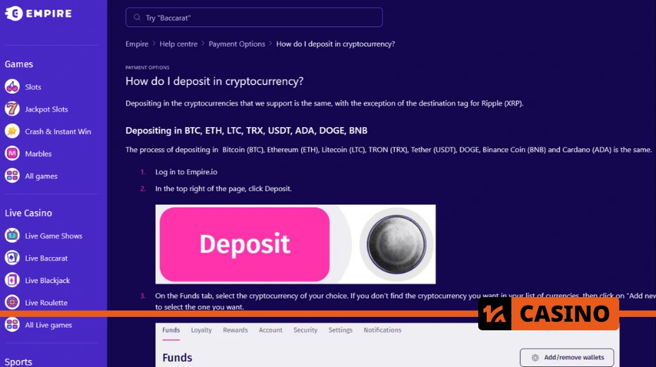 Empire payment methods: instant deposits and crypto withdrawals via BTC, ETH, TRX, DOGE, USDT, and more