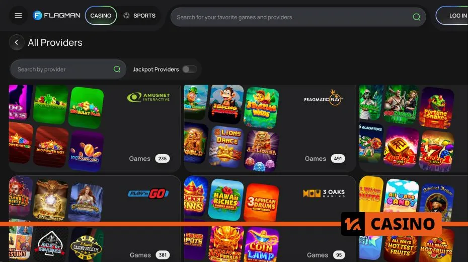Flagman Casino providers showcasing top game developers, high-quality slots, and live casino options