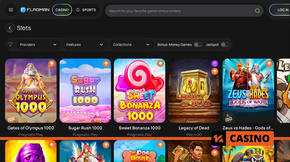 Flagman Casino slots collection including classic reels, video slots, and progressive jackpots