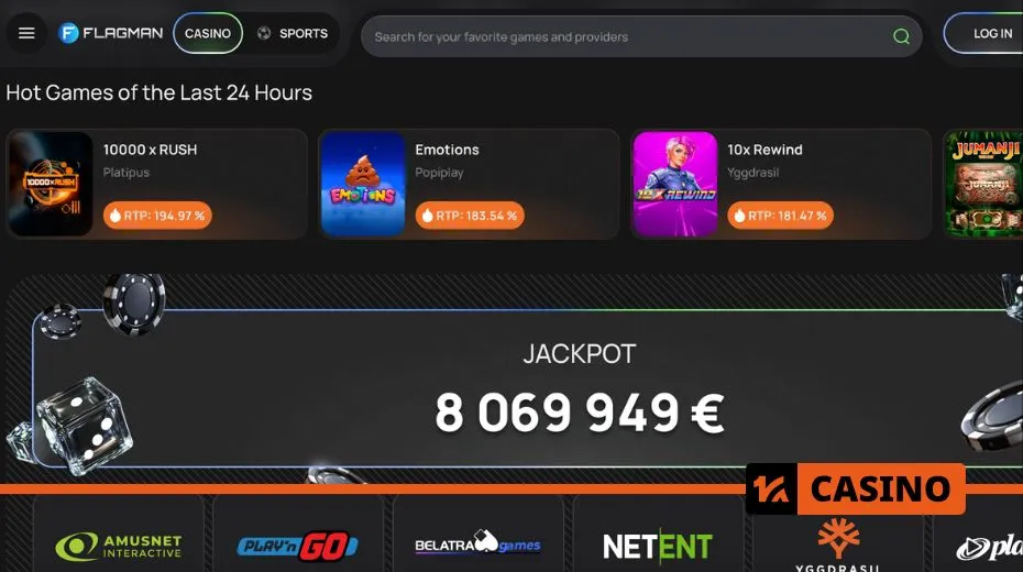 Flagman Casino website featuring intuitive navigation, clear game categories, and live support