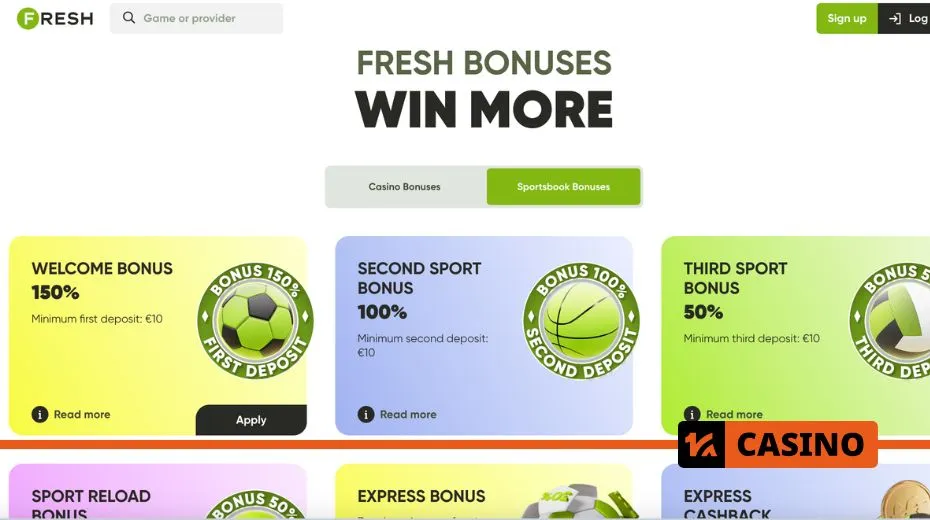 Fresh Casino promo code bonuses with deposit matches, free spins, and cashback deals