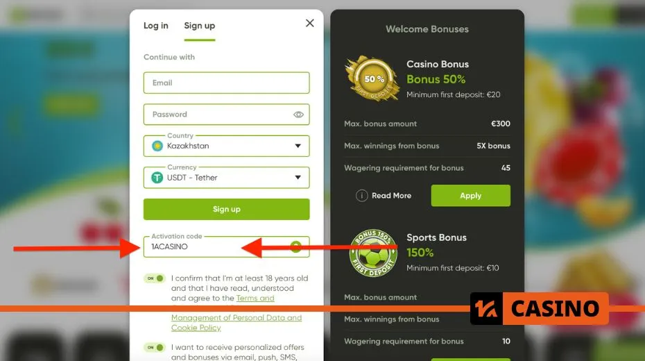 Fresh Casino promo code registration guide with instructions on entering the code