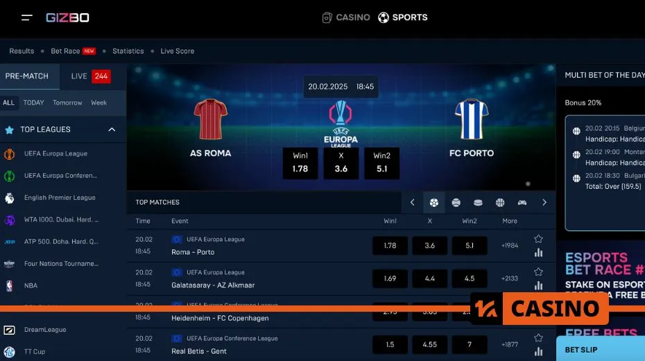 Gizbo Casino betting section with sports markets, live odds, and wagering options