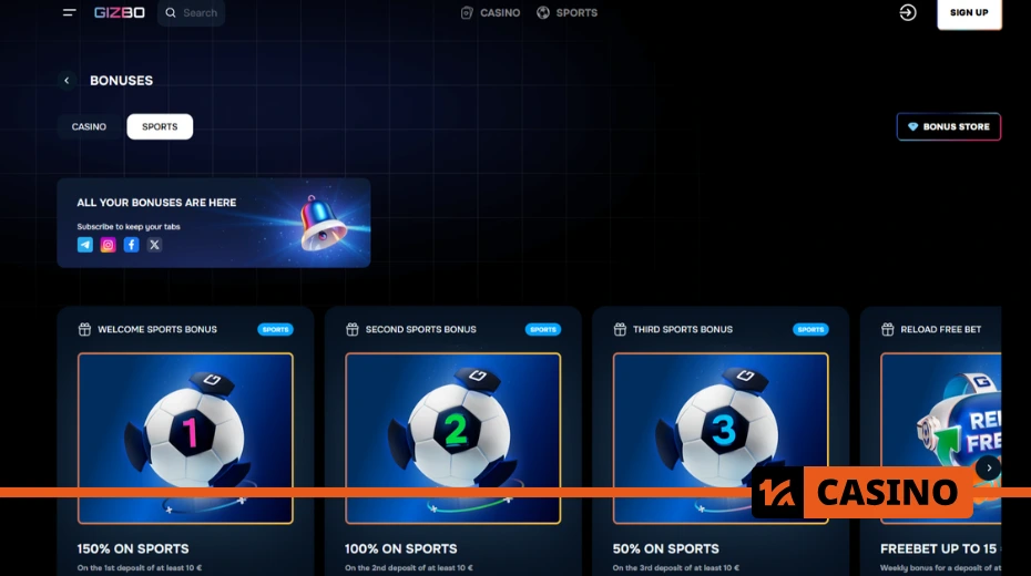 Gizbo Casino promo code bonuses including cashback, reload offers, and extra spins
