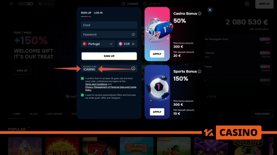 Gizbo Casino promo code registration process with step-by-step activation instructions