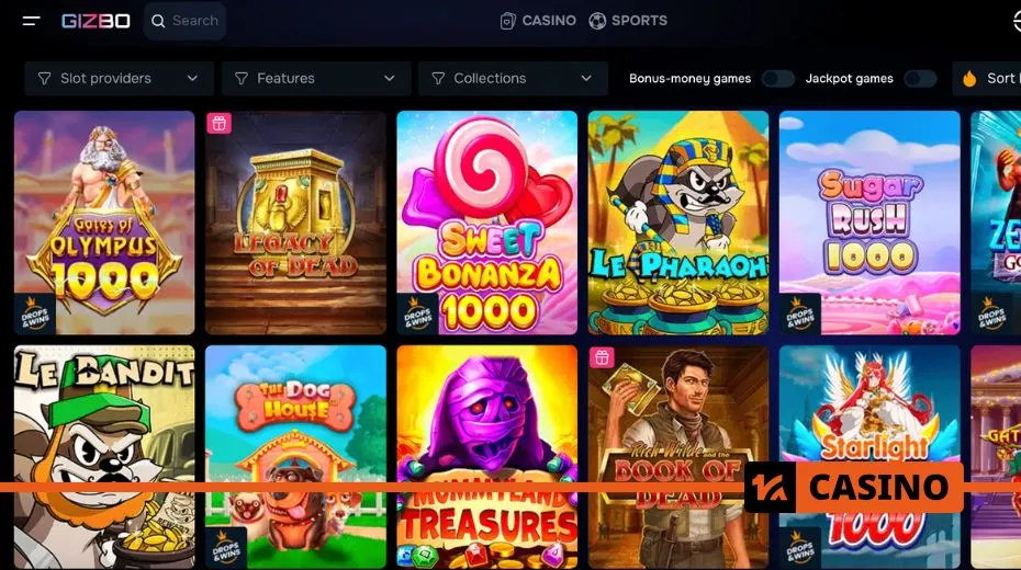 Gizbo Casino slots featuring classic reels, video slots, and jackpot games