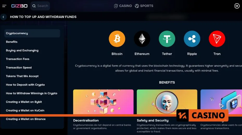 Gizbo Casino withdraw process with available payment methods and transaction speed