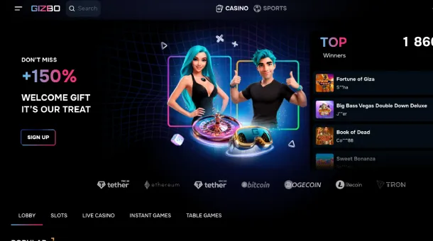 Gizbo Casino with a wide selection of games, secure transactions, and promotions