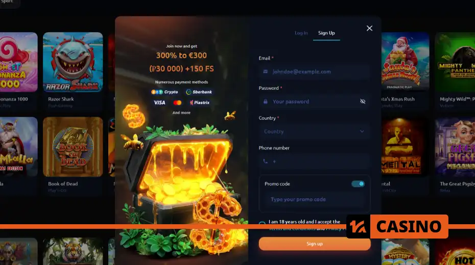 Honey Money casino account registration with email confirmation and a chance to get a signup bonus