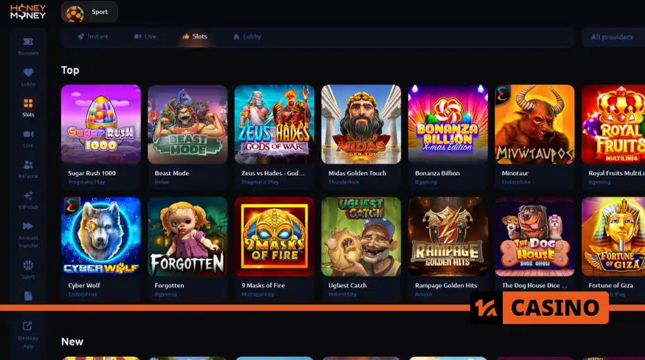 Honey Money casino game sections: popular slots, live dealers, card games, tournaments, and new releases