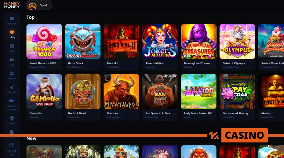 Honey Money casino homepage with quick login, current promotions, and navigation to all game sections