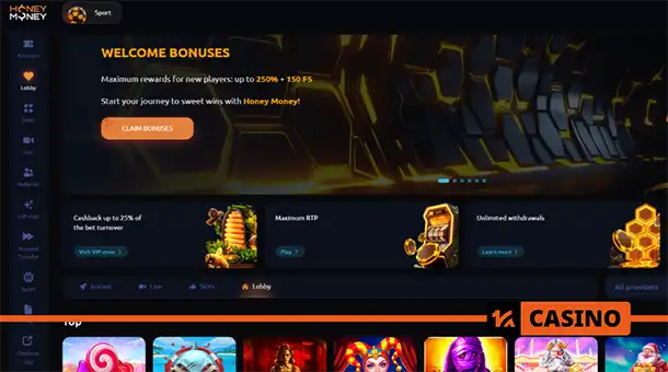 Honey Money casino official site with access to registration, bonuses, and the full catalog of gambling games