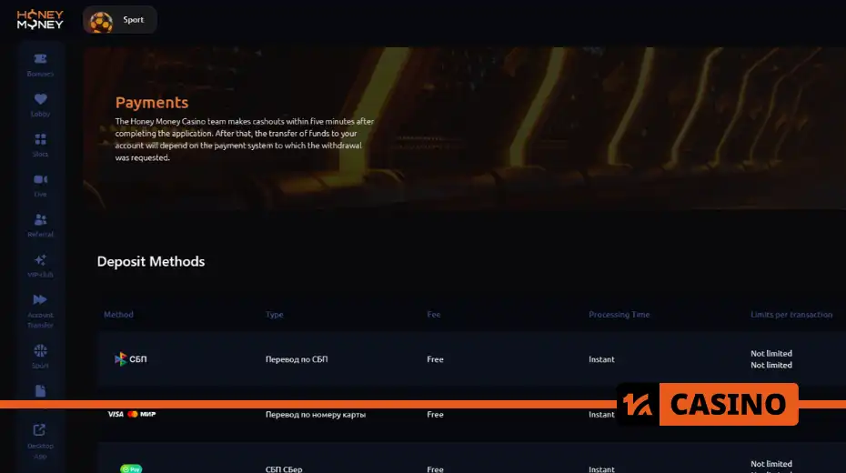 Honey Money casino payment methods: bank cards, e-wallets, cryptocurrency