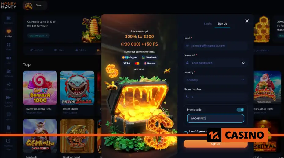 Honey Money casino promo code at registration allows new players to immediately receive welcome free spins and deposit bonuses with no extra requirements
