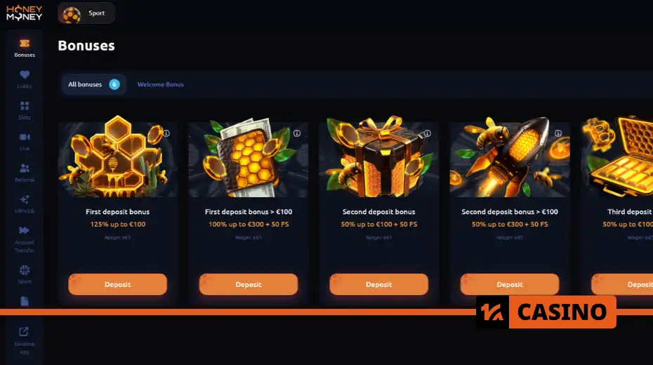Honey Money casino promo code bonuses include up to €900 and 150 free spins, distributed across the first three deposits