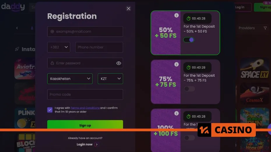 How to register at Daddy Casino using your email, phone number, or social media
