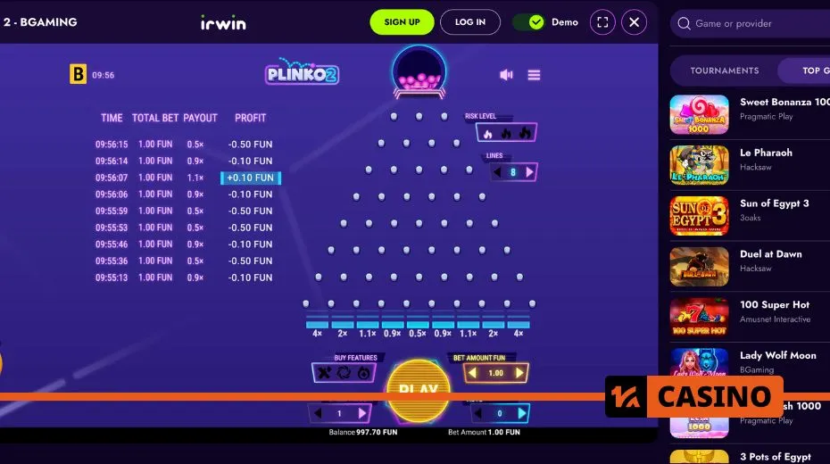 Irwin Casino demo version for trying out slots and table games without real money
