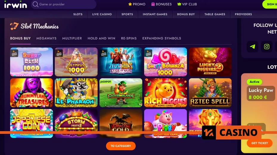 Irwin Casino official website featuring account login, registration, and bonus offers