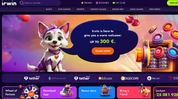 Irwin Casino website with gaming categories, promotions, and secure payment options