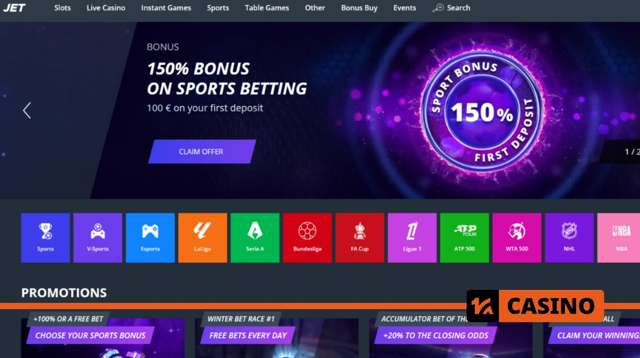 Jet Casino: sports betting section with odds, match schedules, and live betting