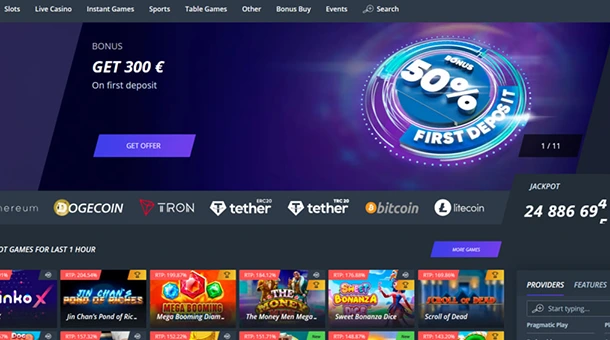Jet Casino: homepage with gaming sections and bonus offers