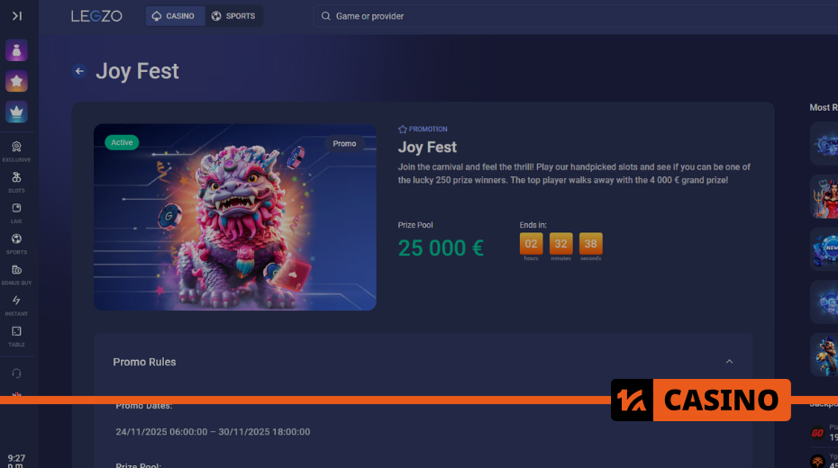 Joy Fest at Legzo casino: prize pool and payout structure