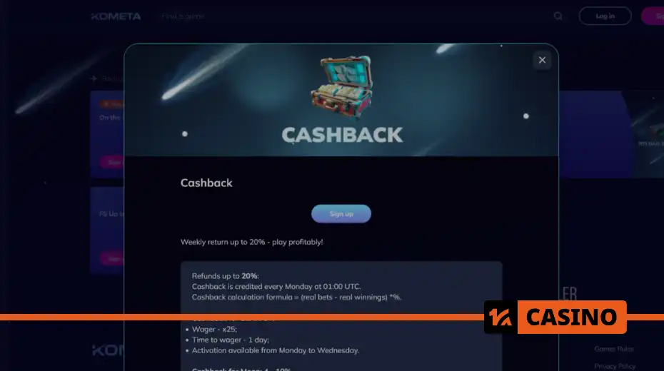 Kometa casino Cashback – table of percentages and wagering requirements