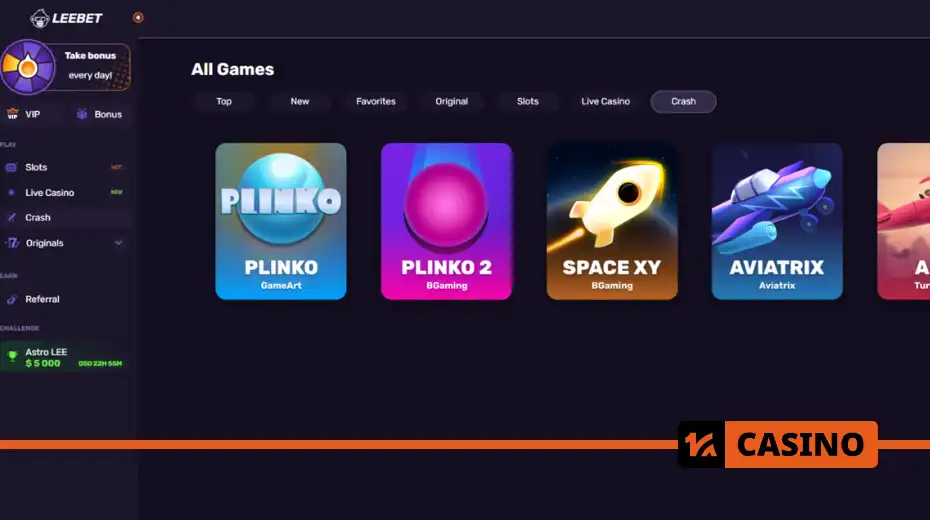 Leebet games on site: slots, live casino, crash games, original games, and referral program