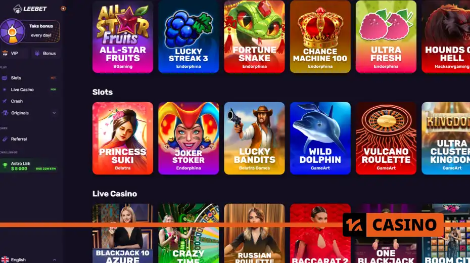 Leebet homepage interface with menu, banners, and game categories in Russian