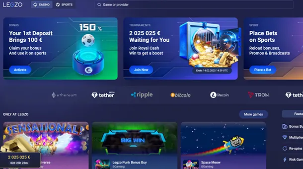 Legzo casino official website: homepage, design, and navigation