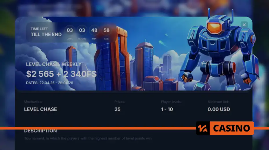 Level Chase at Vodka casino: prize pool offering $2,565 and 2,340 free spins