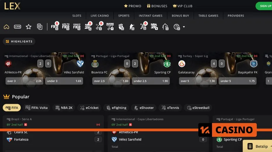 Lex Casino betting section with sports markets, live odds, and wagering options