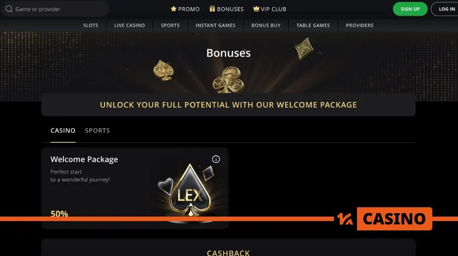 Lex Casino promo code bonuses including cashback, reload offers, and extra spins