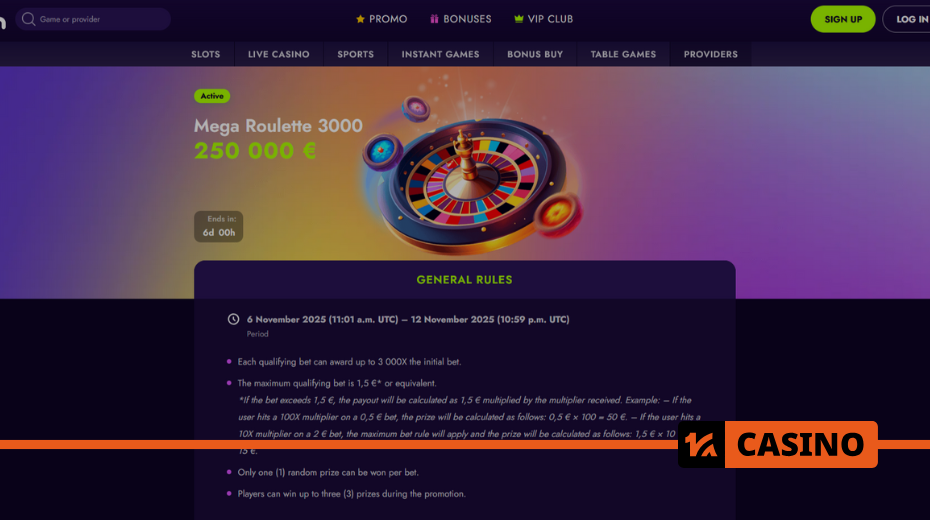 Prize promotion Mega Roulette 3000 at Irwin casino with multipliers up to x3000