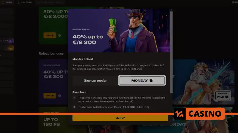 Monday Reload at SlotLair promotion with 40% bonus