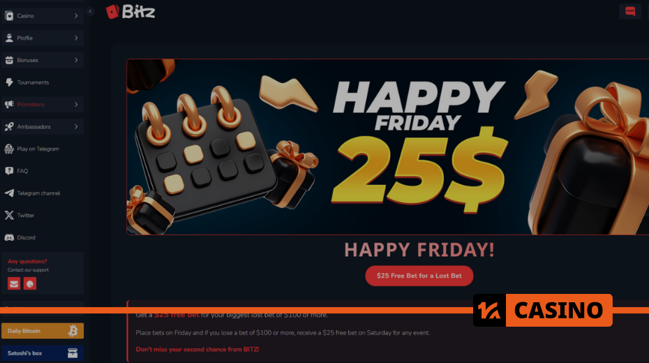 Баннер акции Happy Friday в Bitz casino с информацией о фрибете за проигранную ставку