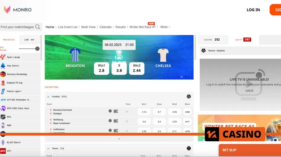 Monro Casino betting section with sports markets, live odds, and wagering options