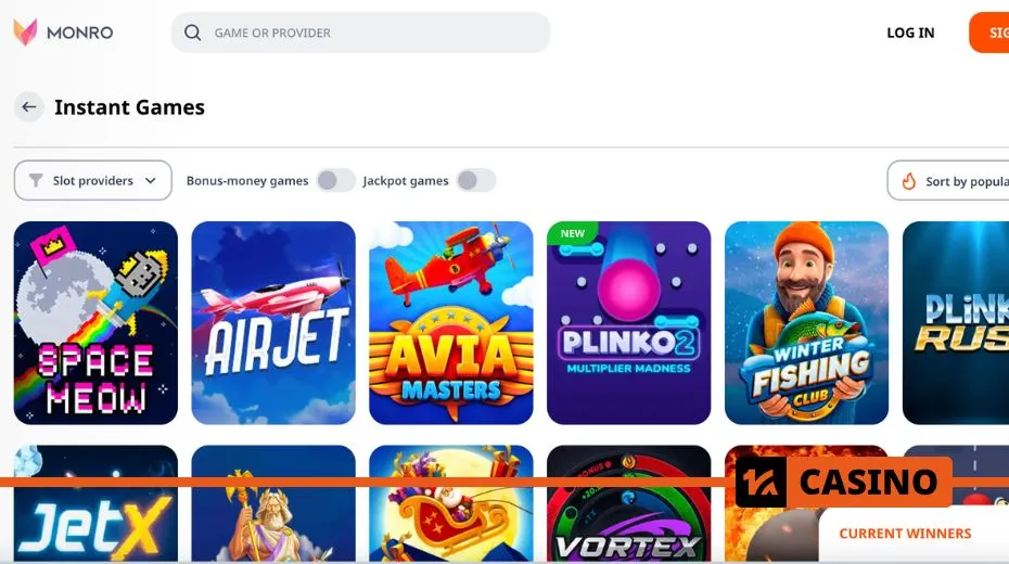 Monro Casino games collection with slots, table games, and live dealer options
