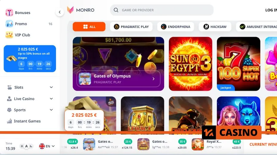 Monro Casino official website featuring secure login, game selection, and payment options