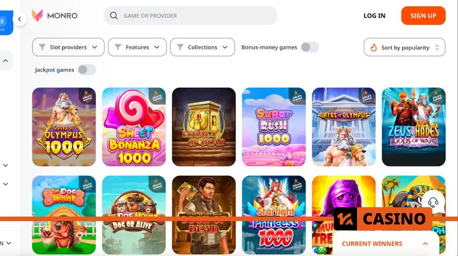 Monro Casino slots with various themes, bonus rounds, and progressive jackpots