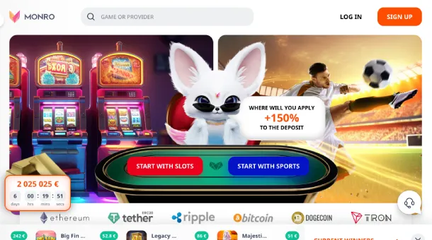 Monro Casino website with gaming categories, promotions, and user-friendly navigation