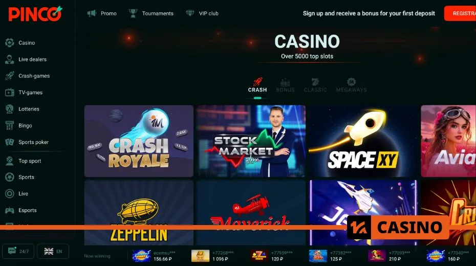 Pinco Casino official website featuring account login, registration, and bonus offers