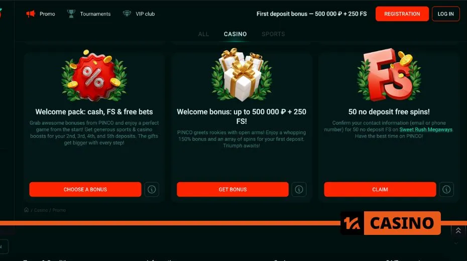 Pinco Casino promo code bonuses including welcome offers, VIP rewards, and extra spins