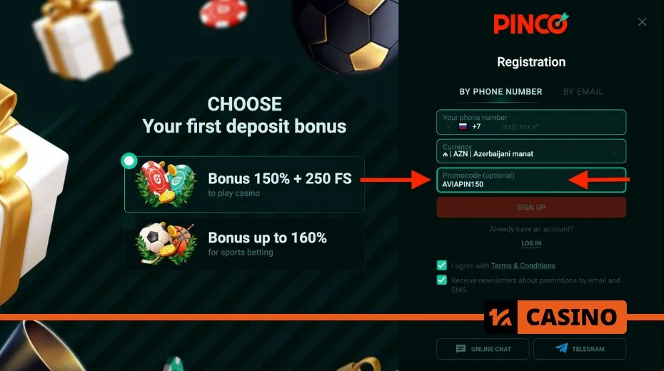 Pinco Casino promo code registration process with step-by-step activation instructions