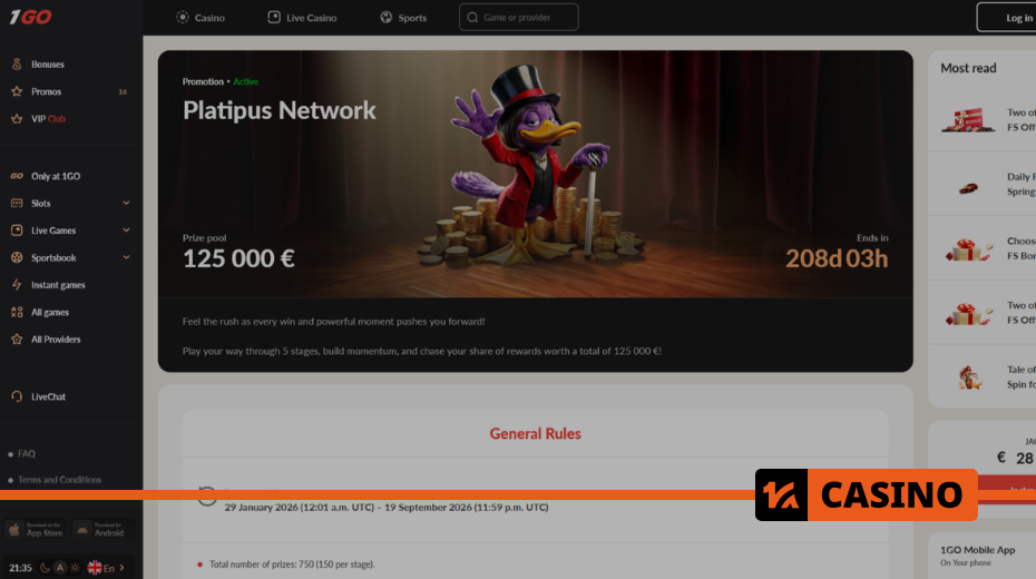 Bonus up to 5 000 EUR for winning the Platipus Network in 1Go casino tournament