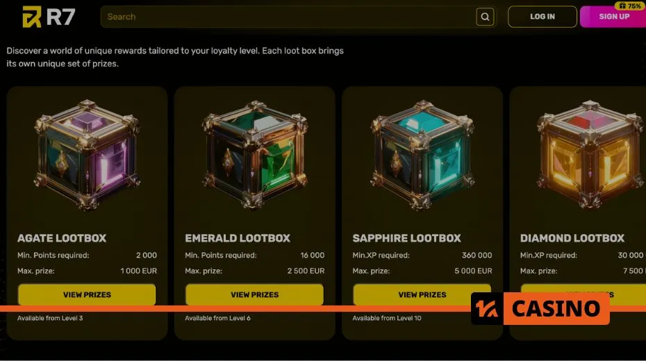 R7 Casino lootboxes containing bonus offers, cashback, and exclusive rewards